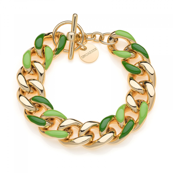 Gold-plated bracelet, curb chain, green enamel