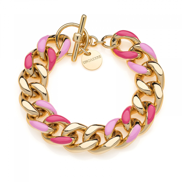 Gold-plated bracelet, curb chain, fuchsia & pink enamel