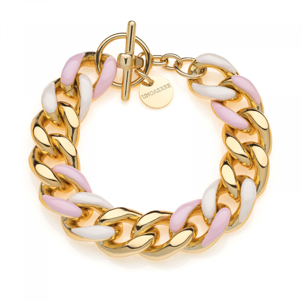 Gold-plated bracelet, curb chain, pink and white enamel