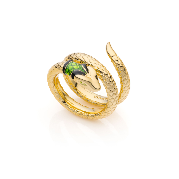 Gold-plated bronze spiral ring with snake head element and green enamel finish