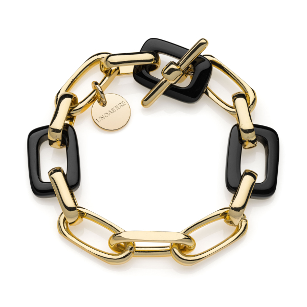 Gold-plated cable chain bracelet with natural black onyx links