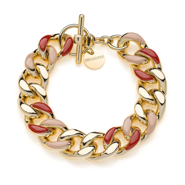Gold-plated bracelet, beige and burgundy enamel