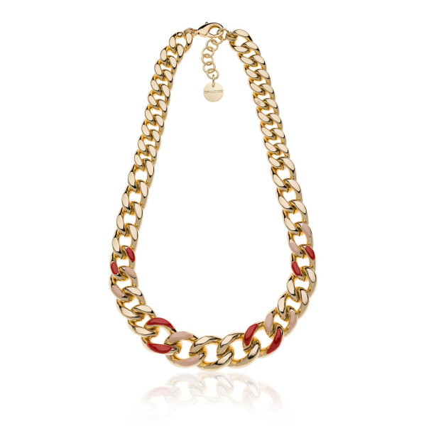 Gold-plated necklace, curb chain, beige and burgundy enamel