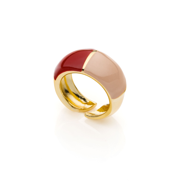 Anello dorato con smalto rosso bordeaux e beige