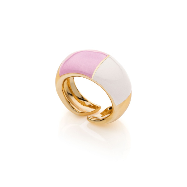Gold-plated ring with light pink & white enamel