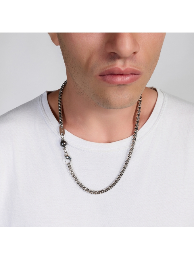 Aeternum Box Chain Necklace with Black Pearl