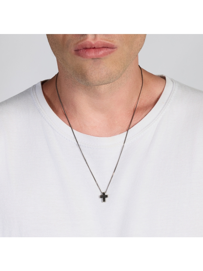 Collana in Argento  Brunito con Croce e Pavé Nero