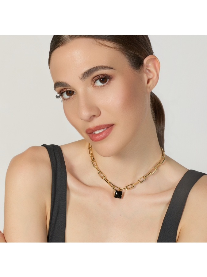 Collana in Catena Dorata e Cristallo Nero